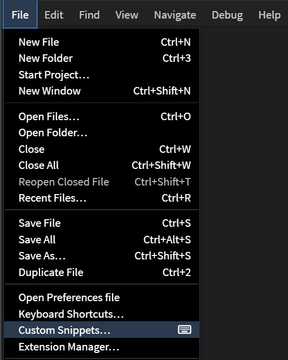 Custom Snippets Menu Item