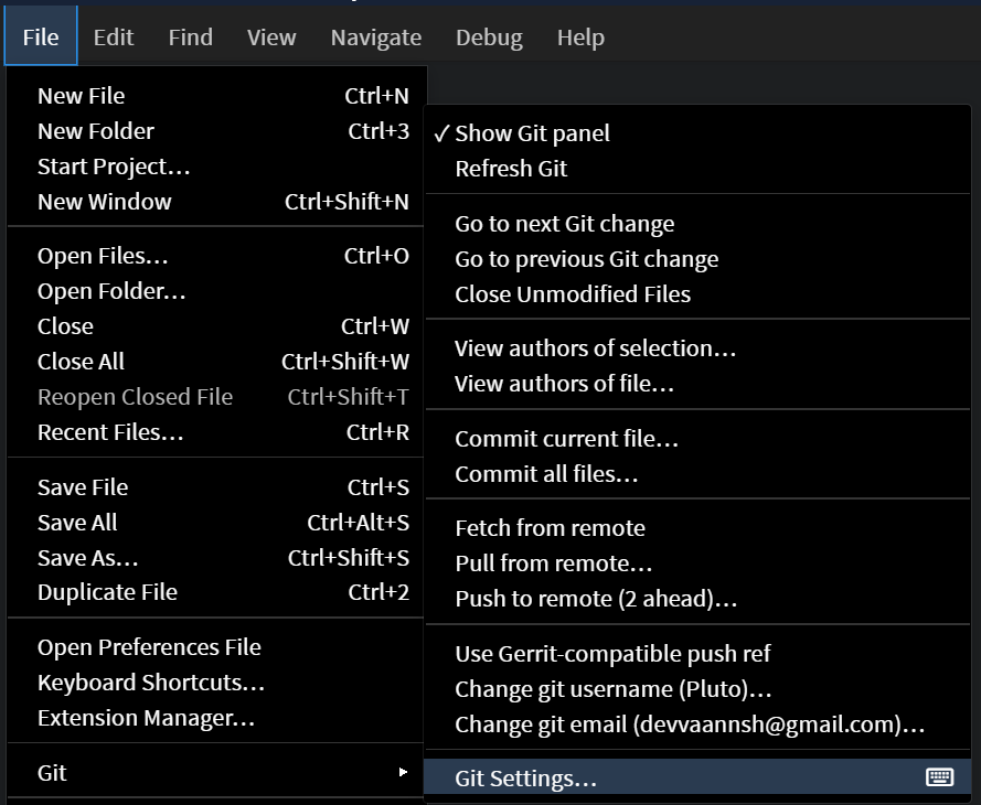 Git Settings from File menu