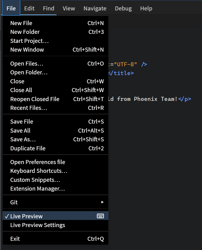 Live Preview toggle menu option Live Preview toggle menu option