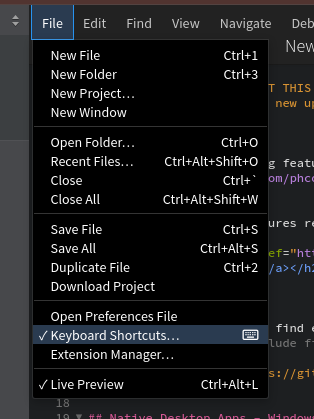 Keyboard shortcuts panel