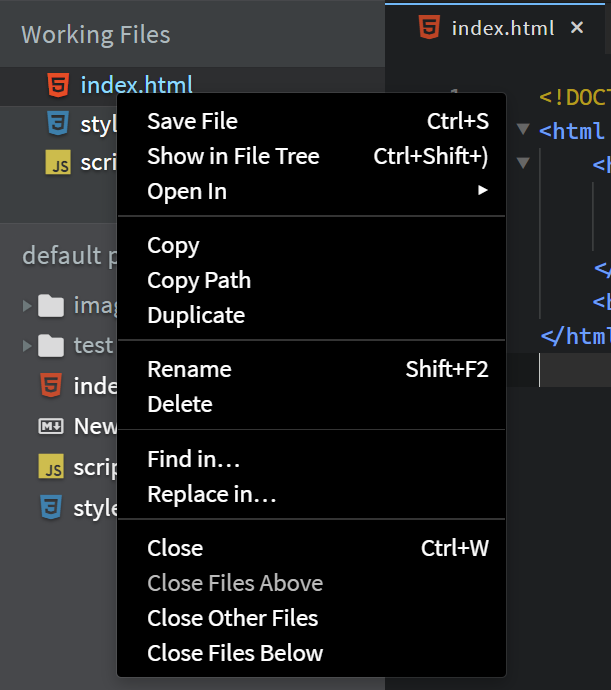 Working Files context menu